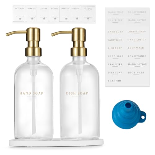 Glass Soap Dispenser - Dish Hand Soap Dispenser Set for Kitchen, Bathroom Soap Lotion Dispenser with 304 Rust Proof Pump, Tray, Clear Bottle/Gold Pump - color: Clear Bottle/Gold Pump + Tray + Funnel