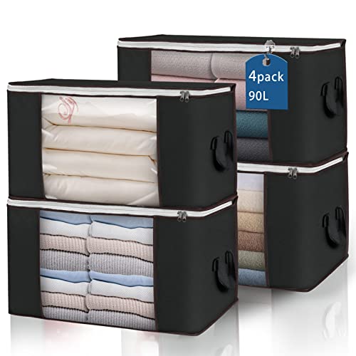 90L Large Storage Bags, 4 Pack Clothes Storage Bins Closet Organizers | Foldable Storage Containers, with Reinforced Handle, for Clothing, Blanket, Comforters, Bed Sheets, Pillows and Toys - color: Black, size: 4 Pack