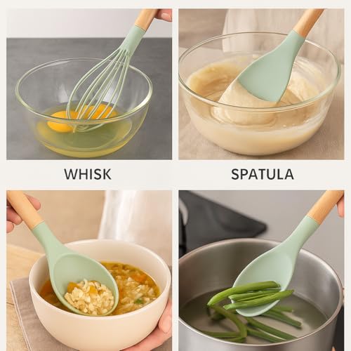 MaxLife Silicone Cooking Utensil Set with Holder, 12-Piece – Sage Green, Wooden Handles – Heat Resistant, Nonstick Safe Spatulas, Spoons, Turner, Tongs & Whisk – Premium Kitchen Tool Set