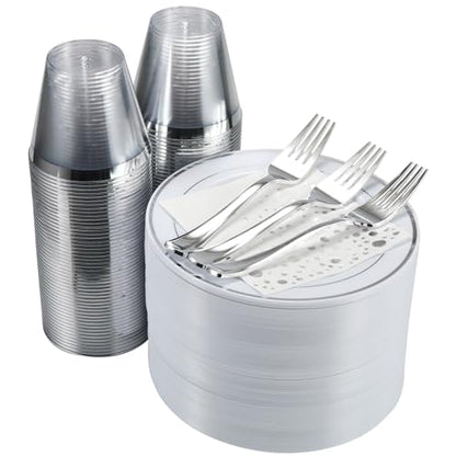 Silver Dessert Plates Set, 100 Plates, Cups, Forks and Napkins, 7.5 Inch | Sturdy plastic, cake service, appetizer tables, salad course, weddings, birthdays, easy cleanup - color: Silver, style: Plates,Forks,Napkins and Cups