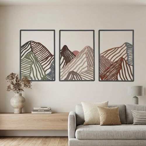 Peryiter 3 Pcs Metal Wall Art Decor Landscape Mountain Wall Hanging Decor for Living Room Abstract Minimalist Modern Mountain Line Pictures Bathroom Office Home Gifts Indoor(Colorful) - color: Colorful