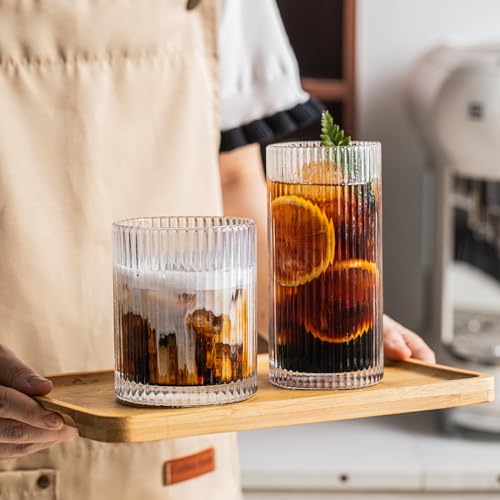 INSETLAN 12-Piece Ribbed Glassware - 6 Highball Glasses 12 oz, 6 Rocks Glass Cups 14 oz, Vintage Cocktail Drinking Glasses, Ideal for Wine, Juice, Water, Ice Coffee Cup, Whiskey, Mixed Drinkware