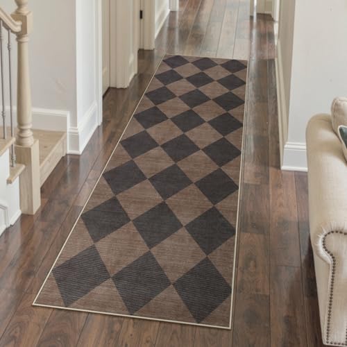 Beeiva Checkered Print Hallway Runner Rug 2x6, Moroccan Kitchen Runner Rugs Non Skid Washable 6ft Ultra Thin Stain Resistant Entryway Decor, Diamond Gingham Alfombra for Bathroom Laundry (Brown/Black) - color: Brown/Black, size: 2' x 6' (Rectangular)