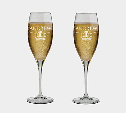 Bride Groom Names & Date Engraved Set of 2 Glasses, Customized Wedding Toast Champagne Flute Set, Wedding Toasting Glasses - Personalized Flutes - color: Wedding-01, style: Wedding Ring
