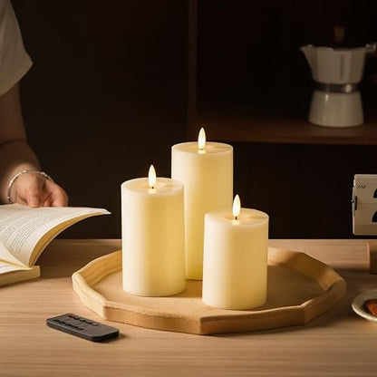 Stmarry Ivory Flameless Candles with Remote and Timer, Real Wax Made LED Pillar Candles Battery Operated with 3D Flickering Flame - 3" x 4",5",6" - Set of 3 - color: Ivory
