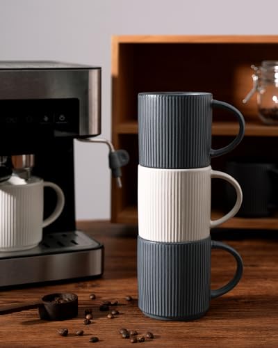 famiware Coffee Mug Set of 4, Star 12 oz Ceramic Mugs Cups Set with Handle | Stoneware Stackable Catering Cup for Coffee, Tea, Cappuccino, Latte, Microwave & Dishwasher Safe, Matte White + Matte Black - color: Star-Matte White + Matte Black, size: 4 Count