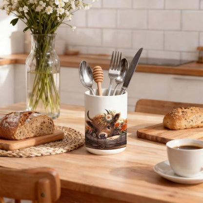 Highland Cow Ceramic Utensil Holder for Kitchen Counter, Farmhouse Rustic Highland Cow Decor 5.4" Kitchen Cooking Crock Utensil Holder for Countertop
