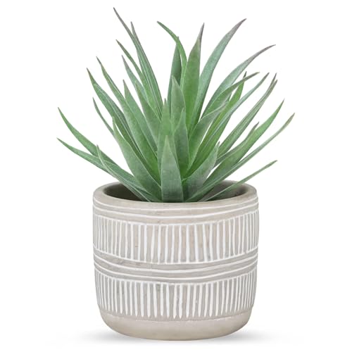 Der Rose 8.5" Fake Succulent Plant in Striped Ceramic Pot for Boho Decor | Small fake plants，sturdy cement planter, eco-friendly，suitable for bathroom bedroom office desk shelf boho decor