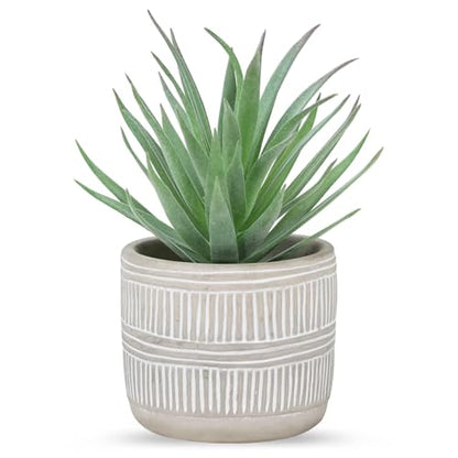 Der Rose 8.5" Fake Succulent Plant in Striped Ceramic Pot for Boho Decor | Small fake plants，sturdy cement planter, eco-friendly，suitable for bathroom bedroom office desk shelf boho decor