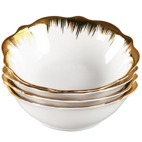Rimmed Soup Plates, Pasta Bowls, Golden light pattern White Salad Bowl Set of 4, 8.4 Oz Porcelain Wide Rim Bowls, Best for foodies and restaurants (Salad Bowls, 6.0 Inch) - color: Salad Bowls, size: 6.0 Inch