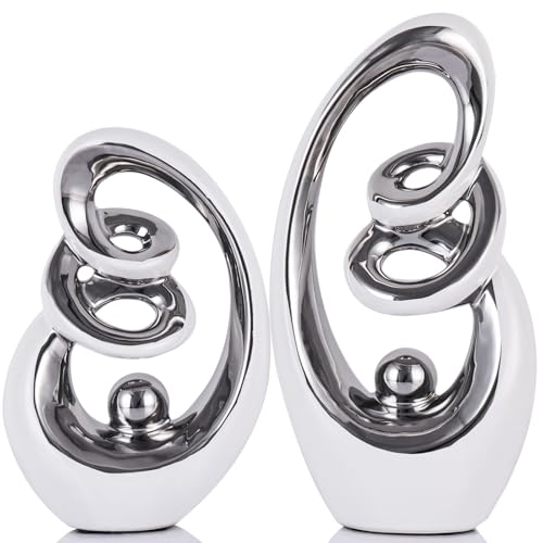 White Silver Ceramic Abstract Sculpture, Modern Accent Decor, Porcelain Statues Art Deco Show Piece for Home, Knick Knacks, TV Stand Centerpieces - color: White Silver