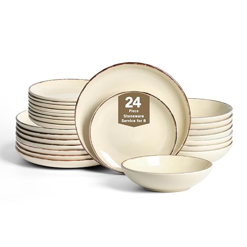 Earth and Clay Heath 24-Piece Dinnerware Set Stoneware, Plates and Bowls Set, Dishwasher and Microwave Safe, Dish Set for 8, Coffee - color: Coffee, size: 24-Piece - Service for 8