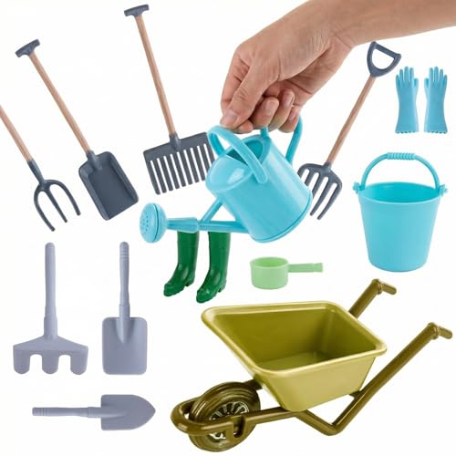 1:12 Scale Miniature Dollhouse Garden Tools Set | Mini Plastic Gardening Kit, Shovel, Rake, Hoe & Watering Can, Fairy Garden, Micro Landscape & DIY Craft Decoration