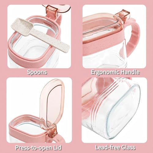 3 PCS Glass Coffee Sugar Container Set, 10oz Pink Spice Jars with Labels, Scoops and Tray, Seasoning Box Salt Containers Condiment Jar Set for Kitchen, Coffee Beans, Sugar, Tea, Candy