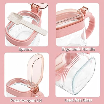 3 PCS Glass Coffee Sugar Container Set, 10oz Pink Spice Jars with Labels, Scoops and Tray, Seasoning Box Salt Containers Condiment Jar Set for Kitchen, Coffee Beans, Sugar, Tea, Candy