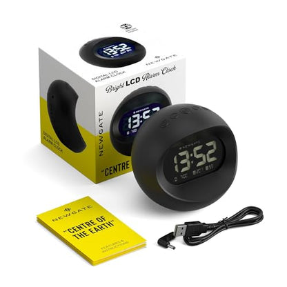 NEWGATE® Centre of the Earth Alarm Clock | Round Retro Digital LCD Clock | Black | Ideal for Bedside, Desk or Shelf | Retro Bedroom & Office Accessory - color: Black