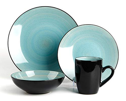 HomeVss Sonoma 16 Piece Stoneware Dinner Set, Samoa, Outside Black + Inside Hand painted Combi Colors of Grey, Orange, Purple and Turquoise) with speckle - color: Combi Grey, Orange, Purple and Turquoise