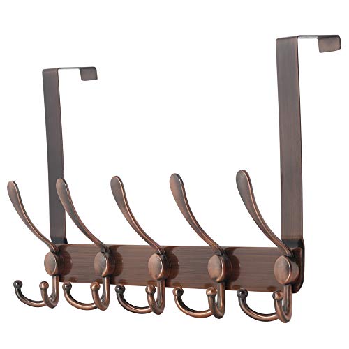 Over The Door Hook Hanger - Fits 1 3/8" to 1 3/4" Standard Doors | 5 Tri Hooks Heavy Duty Towel/Coat Rack | Door Organizer for Clothes, Jackets, Hats, Towels, Antique Copper - color: Copper