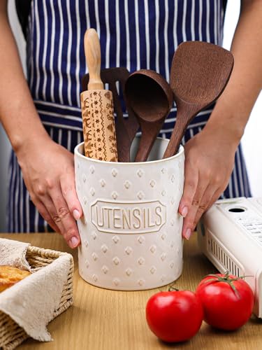 GDCZ Ceramic Utensil Holder 7 Inch, Utensil Crock for Countertop (White) | Large 7" Capacity, Sturdy Countertop Tool Organizer, Durable Ceramic, Embossed Utensils - color: White
