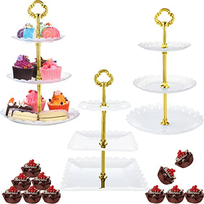 Honeydak 3 Sets of 3 Tier Serving Tray 3 Tiered Dessert Stand Wedding Cupcake Stand PP Plastic Cupcake Holder Dessert Tray Cake Fruit Candy Table Display Set for Birthday(White) - color: White