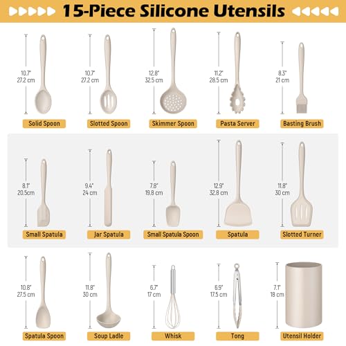 Homikit 15-Piece Kitchen Cooking Utensil Set, Silicone Utensils with Holder | Kitchen Gadgets Tools include Slotted Spatula Ladle Turner for Nonstick Cookware, Heat Resistant & Dishwasher Safe, Khaki
