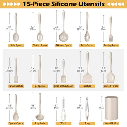 Homikit 15-Piece Kitchen Cooking Utensil Set, Silicone Utensils with Holder | Kitchen Gadgets Tools include Slotted Spatula Ladle Turner for Nonstick Cookware, Heat Resistant & Dishwasher Safe, Khaki