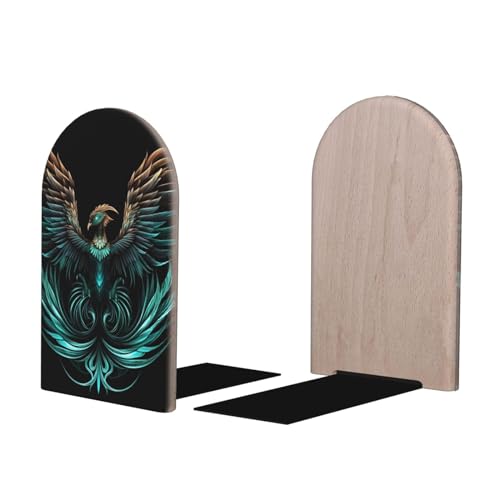 Book Ends for Shelves Fantasy Phoenix Non Skid Wooden Bookends Heavy Duty Decorative Book Stoper for Home Office Library