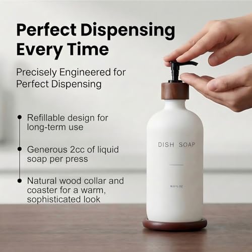Dish Soap Dispenser, White | Refillable glass pump dispenser for dish soap or hand soap, with matching tray for kitchen sinks and countertops - color: White D*1