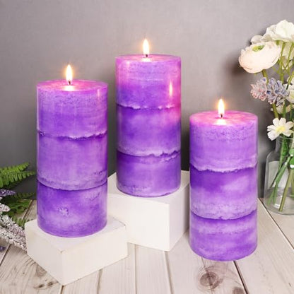 CRYSTAL CLUB Lavender Scented Pillar Candles, Set of 3 Tall 3x6 Inch Candles Rustic Purple, Clean Burning and Dripless Candle Lights, for Home Decor, Wedding, Party Decorations Lilac Candle | Clean Burning and Dripless Candle Lights, for Home Decor, Weddi