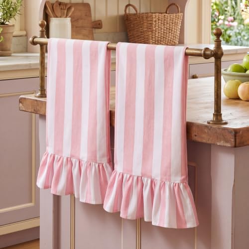 Pink Striped Kitchen Towels Set of 2, 100% Cotton Ruffled Striped Dish Towels 18"x31" Absorbent Tea Cloths Classic Pattern for Farmhouse Charm, Drying Dishes, Entertaining Guests - color: Pink