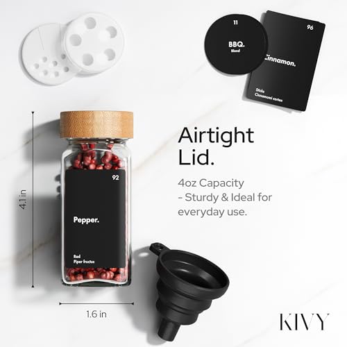 KIVY Spice Jars with Labels [24x 4oz] Glass Seasoning Containers with Airtight Lids for Organization - Empty Square Bottles for Spices & Seasonings with Shaker Lids - Spice Containers Wood Bamboo - size: Bamboo Black