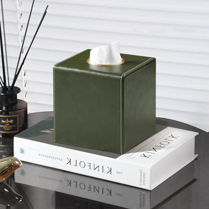 Square Tissue Box Cover with Magnetic Closure, Dark Green | Luxury PU Leather Tissue Holder with Gold Tone Metal Opening, Fits All Standard Cube Tissue Boxes - color: Dark Green