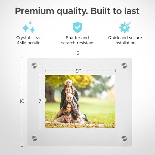 Rebecca Luxurious-7x9 Frameless Acrylic Picture Frame 7x9 Inch - Ultra Clear 4mm Acrylic Floating Frame with Silver Brackets - Easy Wall Installation for Certificates, Graduation, Family Photos, Documents - Modern Photo Display - size: 7x9