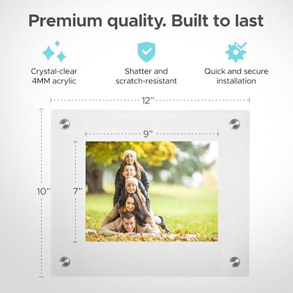 Rebecca Luxurious-7x9 Frameless Acrylic Picture Frame 7x9 Inch - Ultra Clear 4mm Acrylic Floating Frame with Silver Brackets - Easy Wall Installation for Certificates, Graduation, Family Photos, Documents - Modern Photo Display - size: 7x9