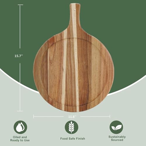 Acacia Wood Round Cutting Board with Handle, 15.7" x 11.8" | Small Decorative Charcuterie Board for Kitchen, Wooden Chopping Board, Serving Board for Cheese, Meat, Vegetables, Bread - size: 15.7"L x 11.8"W
