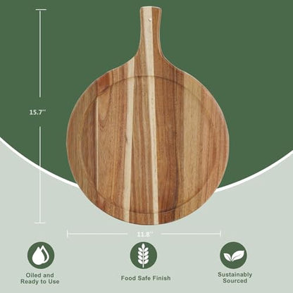Acacia Wood Round Cutting Board with Handle, 15.7" x 11.8" | Small Decorative Charcuterie Board for Kitchen, Wooden Chopping Board, Serving Board for Cheese, Meat, Vegetables, Bread - size: 15.7"L x 11.8"W