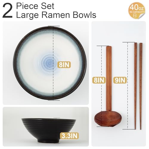 8 Inch Ceramic Ramen Bowl Set of 2, 40oz Japanese Bowls with Spoons & Chopsticks,Durable,Microwave & Dishwasher Safe,Perfect for Ramen,Pho,Salad,Soup,Noodles，Mixing bowls（Midnight） - color: Midnight