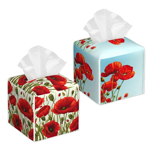 Red Flowers 2 Pcs Tissue Box Holder Square Tissue Box Cover Facial Cube Napkin Organizer Dispenser for Bedroom Office Bathroom Decor - color: Red Flowers