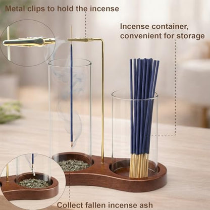 2-in-1 Incense Holder with Glass Ash Catcher & Stick Storage, Wooden Incense Burner for Relaxation, Stress Relief, Mess-Free Home Use, Self-Care, Meditation, Yoga, Bedroom & Living Room (Retro) - color: Retro