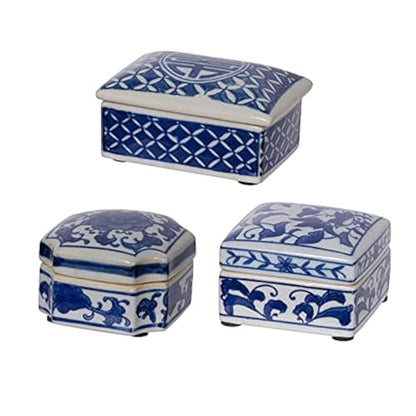 A&B Home Decorative Porcelain Box with Lid Blue and White Set of 3 Glazed Ceramic Hand Painted Jars Centerpiece Asian Decoration
