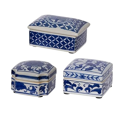 A&B Home Decorative Porcelain Box with Lid Blue and White Set of 3 Glazed Ceramic Hand Painted Jars Centerpiece Asian Decoration