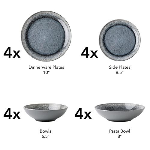 Arora FAIT Round Stoneware 16pc Double Bowl Dinnerware Set for 4, Dinner Plates, Side Plates, Cereal Bowls, Pasta Bowls - Reactive Glaze Grey (439699) - color: Grey-Cereal/Pasta Bowl (2), style: Round-Service for 4(16pcs)