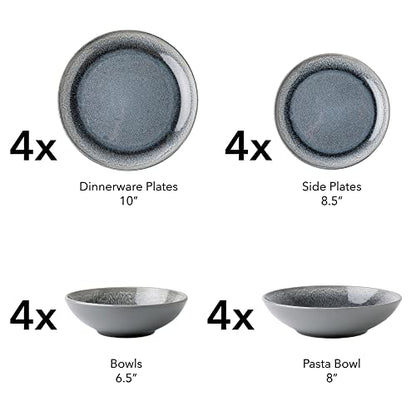 Arora FAIT Round Stoneware 16pc Double Bowl Dinnerware Set for 4, Dinner Plates, Side Plates, Cereal Bowls, Pasta Bowls - Reactive Glaze Grey (439699) - color: Grey-Cereal/Pasta Bowl (2), style: Round-Service for 4(16pcs)