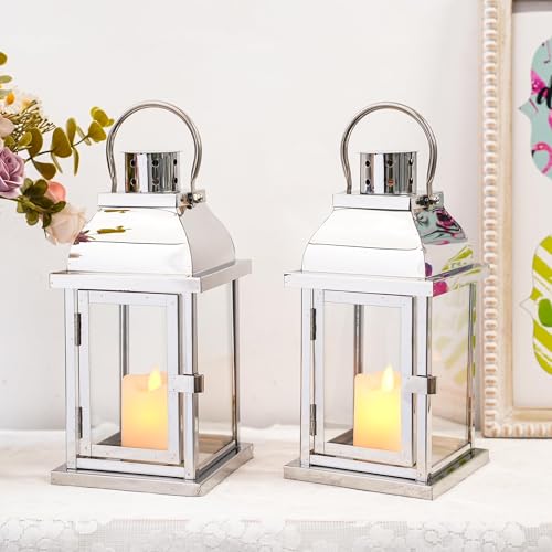 Set of 2 Decorative Candle Lantern 10'' High Hanging Candle Holder Matel Vintage Lantern Decor with Tempered Glass for Indoor Outdoor Home Table Patio Wedding(Silver) - color: Silver