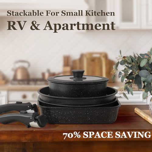 22 Pack Nonstick Pots and Pans Set, KIKCOIN Cookware Set with Detachable Handle, Kitchen Cooking Pans Set with Frying Pan, Grill Pan - Stackable for RV Kitchen, Induction Ready, Dishwasher/Oven Safe - color: Black, size: 22 Pack