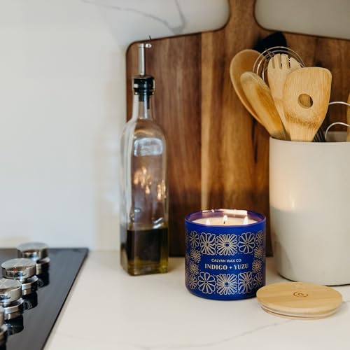 Indigo & Yuzu 3 Wick Scented Candle - 43 Hour Burn | Made in the USA Luxury Clean Soy Wax Candles - Long Lasting Large Glass Jar Candle for Home - 3 Wicks - 14.9oz - color: Indigo + Yuzu