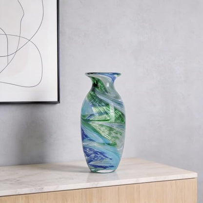 Hand Blown Glass vase, Blue Green Wide Mouth vase, Contemporary Glass Art Suitable for Display on Living Room Dining Tables, in Offices, bathrooms, Coffee Tables and hallways. - color: B-blue Veins
