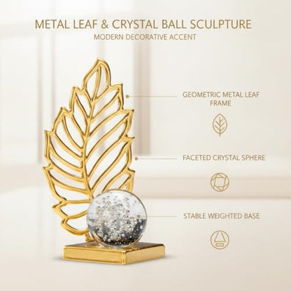 for Shelf, Desk, or Console Table Display: Modern Geometric Metal Leaf and Crystal Ball Sculpture Accent (1 PC) - size: 3.27 x 3.27 x 6.3 in