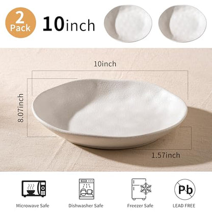 Handcrafted Ceramic Plates Set of 2, Pasta Bowls | 10'' Serving Bowls for Entertaining, Serving Dishes | Porcelain White Shallow Bowls for Salad, Soup, Pasta and Dinner Microwave/Oven/Dishwasher Safe - color: White Speckled