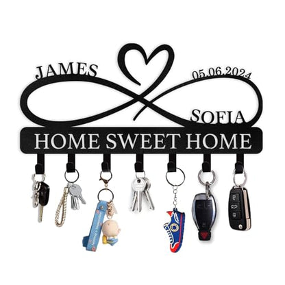 Personalized Metal Key Holder for Wall | Heart Shape Key Holder Wall Mount | Custom Couple's Name Key Rack Coat Rack | Wedding Couple Gifts | Key Holder Wall Hanging for Kitchen Bedroom Hallway - color: 07 Heart